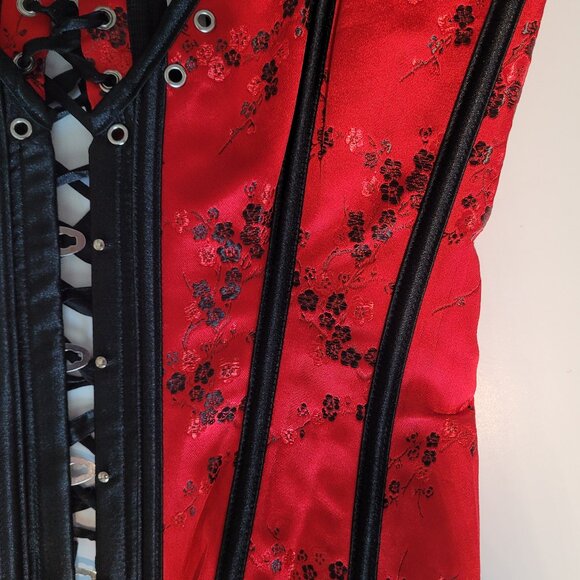 Women Lace Up Red/Black Bustier Corset & Skirt Burlesque Top Waist Cincher - Picture 5 of 5